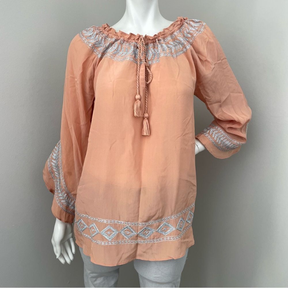 TAJ by SABRINA CRIPPA Peach Silk Silver Embroidered Tunic Blouse Top